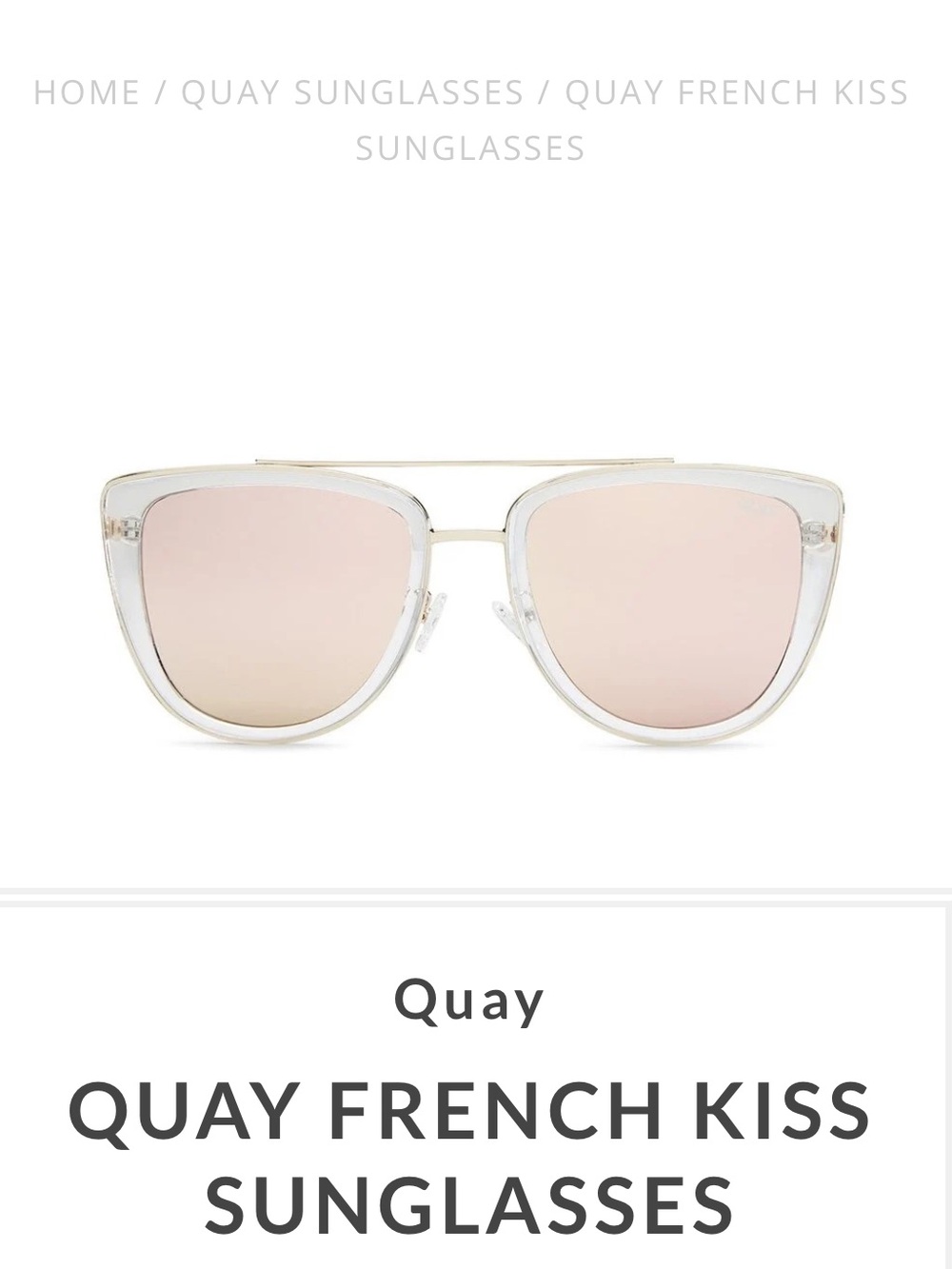 Quay Australia French Kiss Clear Frame Sunglasses with Rose Lenses